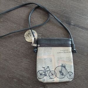 ESPE Vegan French Country Mini Swing Crossbody Bag Bike Newspaper Design